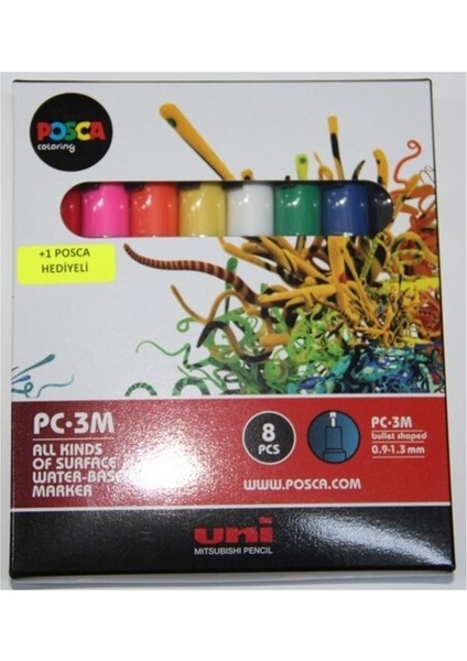 Uni Posca Pc-3m 0.9-1.3 mm Su Bazlı Boyama Markörü Seti Ana Renkler 8 Renk