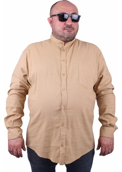 Mocgrande Erkek Büyük Beden Likralı Keten Hakim Yaka Cepli Gömlek 11308 Camel