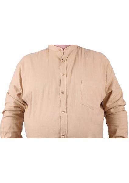 Mocgrande Erkek Büyük Beden Likralı Keten Hakim Yaka Cepli Gömlek 11308 Camel modelleri