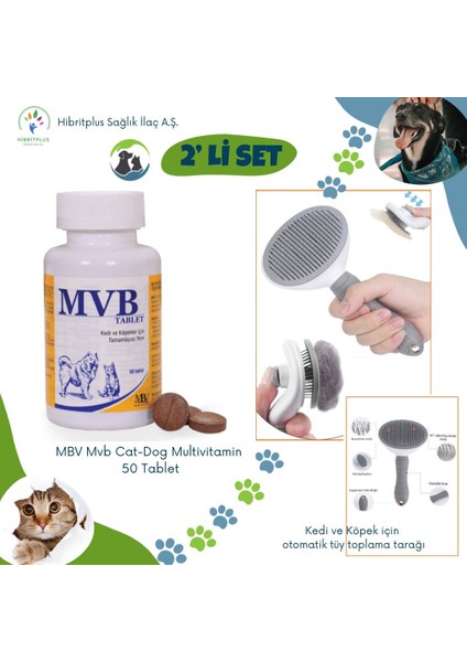 Mvb Kedi Köpek Multivitamin 50 Tablet + Kedi ve Köpek Otomatik Tüy Toplama Tarağı 2 Li Set