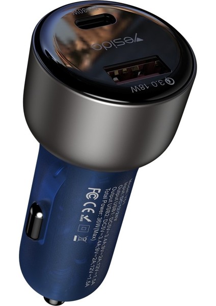 Y52 30W Pd Type-C ve 18W USB Araç Çakmaklık Şarj Aleti