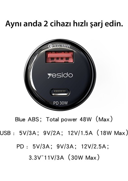 Y52 30W Pd Type-C ve 18W USB Araç Çakmaklık Şarj Aleti