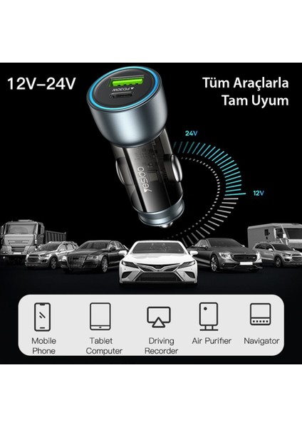 Y49 30W Pd Type-C ve 18W USB Içi Gözüken Araç Çakmaklık Şarj Aleti indirimleri