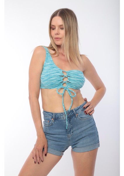 Pikka Online Kadın Tek Omuz Önden Bağlamalı Tasarım Spor Şık Mavi Crop Top