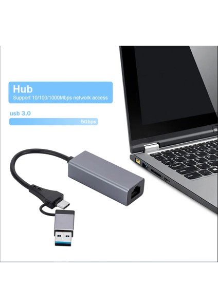 USB ve Type-C Hub Adaptör To 3x USB 3.0 + RJ45 1000Mbps Gigabit Ethernet Çevirici Dönüştürücü