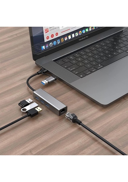 USB ve Type-C Hub Adaptör To 3x USB 3.0 + RJ45 1000Mbps Gigabit Ethernet Çevirici Dönüştürücü