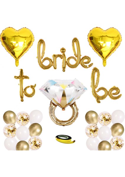 Bride To Be El Yazısı, Tek Taş Yüzük ve Kalp Folyo Balonlu Set