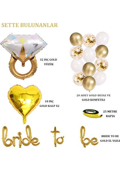 Bride To Be El Yazısı, Tek Taş Yüzük ve Kalp Folyo Balonlu Set