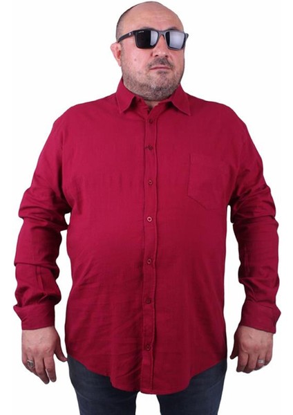 Erkek Büyük Beden Likralı Keten Cepli Gömlek 11306 Bordo
