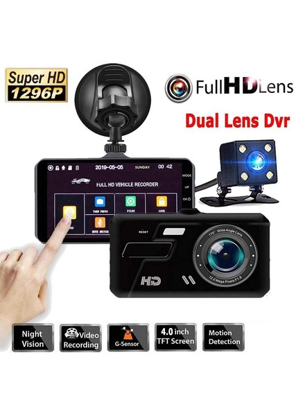 MB-300 1296P 4" IPS Dokunmatik Ekran Araç Içi Çift Kamera Gece Görüşlü. Araç Kamera.(Türkçe Menü+G-Sensör)