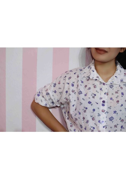 Çiçek Desenli Beyaz Keten Krop Gömlek modelleri