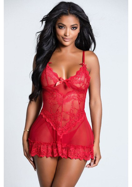 Kadınkırmızı Dantel Detaylı Babydoll Gecelik