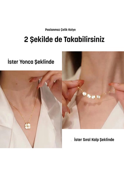 Gold Sedef Taşlı Açılır Çoklu Kalpli Kapanır Yonca Mıknatıslı Kararmaz Çelik Kolye fırsatları