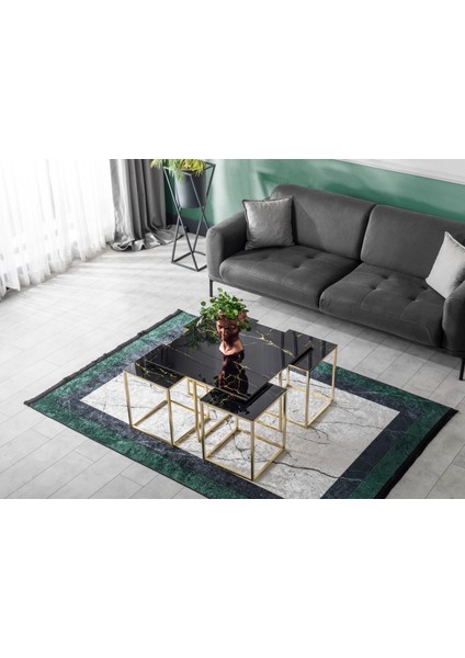 4+1 Kare Pizza Orta Sehpa Yan Sehpa Temperli Cam Sehpa Seti