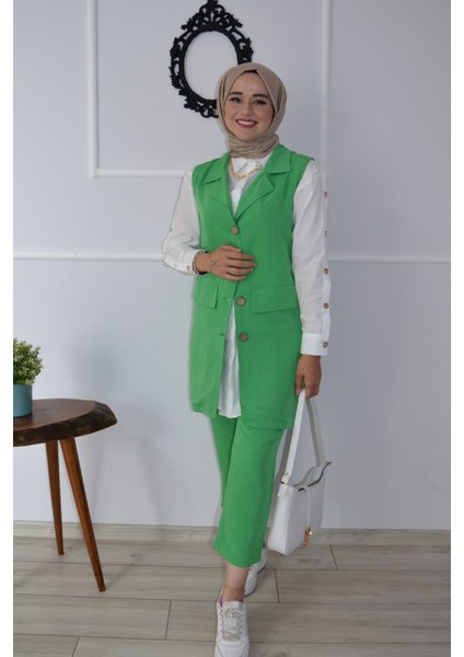 Keten Yeşil Kruvaze Yelek Pantolon Ikili Takım