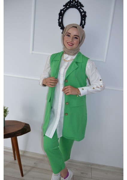 Keten Yeşil Kruvaze Yelek Pantolon Ikili Takım fiyatları