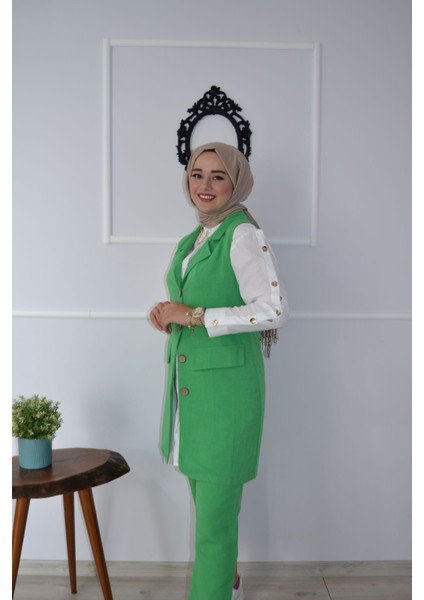 Keten Yeşil Kruvaze Yelek Pantolon Ikili Takım modelleri