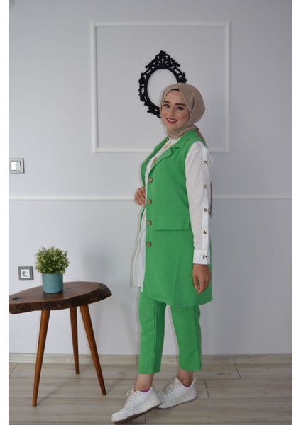 Keten Yeşil Kruvaze Yelek Pantolon Ikili Takım fırsatları