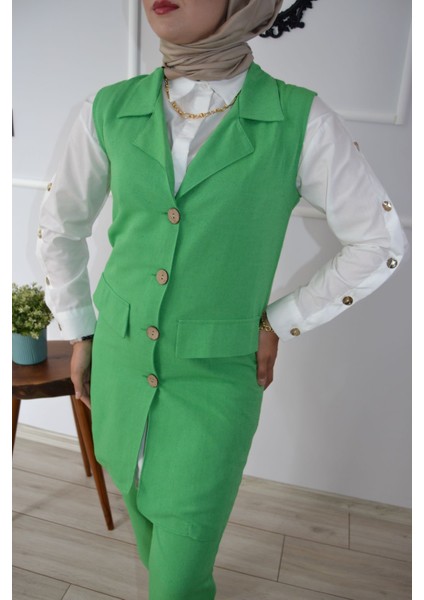 Keten Yeşil Kruvaze Yelek Pantolon Ikili Takım indirimleri