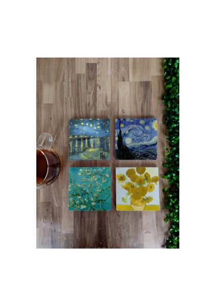 4lü Set Vincent Van Gogh Doğal Taş Bardak Altlığı