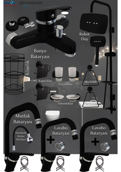 Irmak Siyah Banyo - Lavabo - Mutfak Bataryaları Musluk Armatür Robot Duş Aksesuar Lavabo Duş Takımı