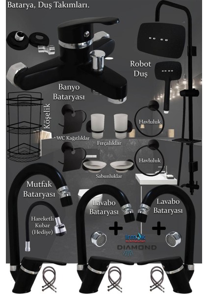 Irmak Siyah Banyo - Lavabo - Mutfak Bataryaları Musluk Armatür Robot Duş Aksesuar Lavabo Duş Takımı