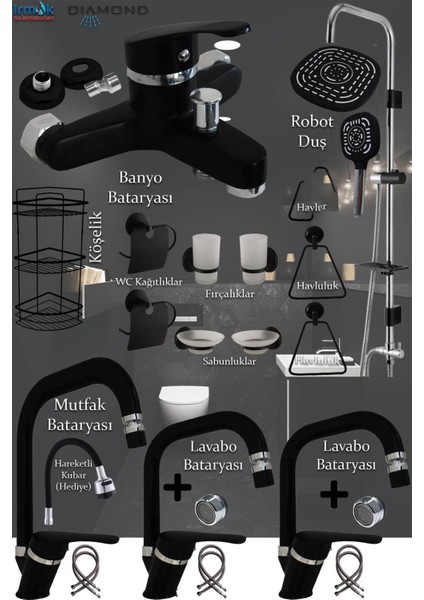 Irmak Siyah Banyo - Lavabo - Mutfak Bataryaları Musluk Armatür Robot Duş Aksesuar Lavabo Duş Takımı