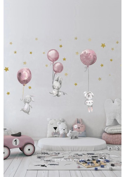 Sevimli Balonlu Tavşanlar ve Yıldızlar Çocuk Odası Duvar Sticker