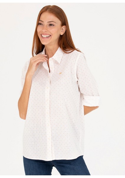 Regular Fit Gömlek Yaka Desenli Kahve Kadın Gömlek Rıto