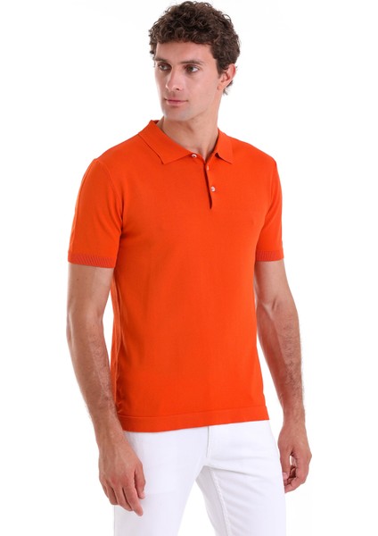 Turuncu Comfort Fit Düz Polo Yaka Rayon Tişört