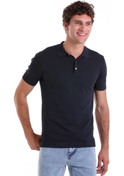 Lacivert Comfort Fit Düz Polo Yaka Rayon Tişört
