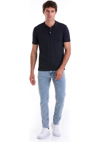 Lacivert Comfort Fit Düz Polo Yaka Rayon Tişört