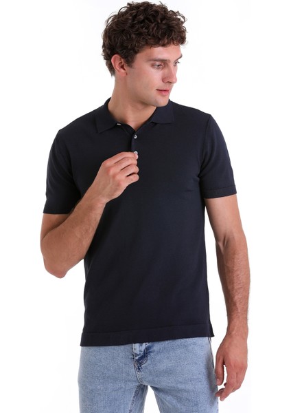 Lacivert Comfort Fit Düz Polo Yaka Rayon Tişört