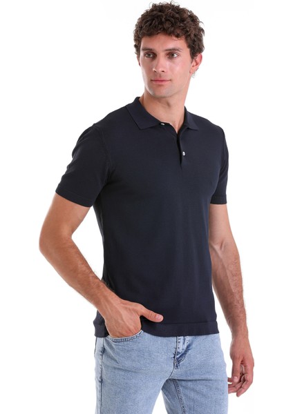 Lacivert Comfort Fit Düz Polo Yaka Rayon Tişört