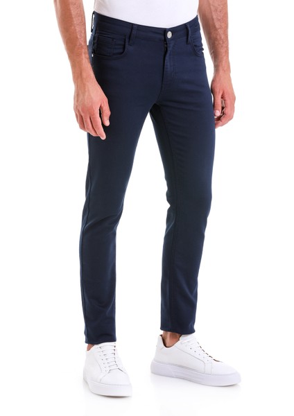 Lacivert Slim Fit Düz Pamuklu Beş Cep Kanvas Pantolon