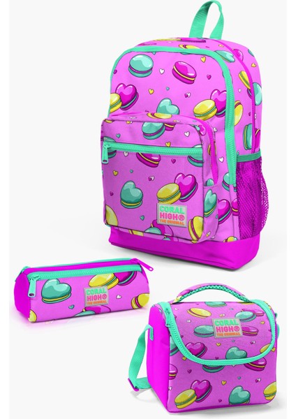 Kids Açık Pembe Su Yeşili Makaron Desenli 3’lü Okul Çanta Seti SET0123462