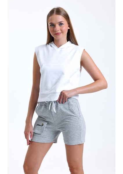 Beyaz Kolsuz Kapüşonlu Crop Sporcu Atlet Tişört