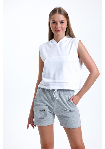 Beyaz Kolsuz Kapüşonlu Crop Sporcu Atlet Tişört modelleri