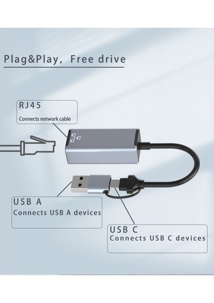 Blue Wings 2 In 1 Type-C & USB 3.0 Çiftli Ethernet RJ45 Windows Macbook Uyumlu Çevirici Hub Adaptör