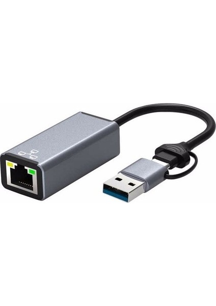 Blue Wings 2 In 1 Type-C & USB 3.0 Çiftli Ethernet RJ45 Windows Macbook Uyumlu Çevirici Hub Adaptör