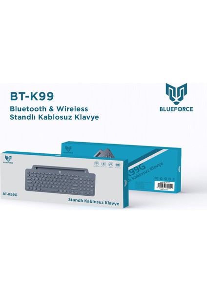 BT-K99 Bluetooth & Wireless Kablosuz Klavye Standlı Gri Telefon Pc Tablet Tv Laptop Mac Uyumlu