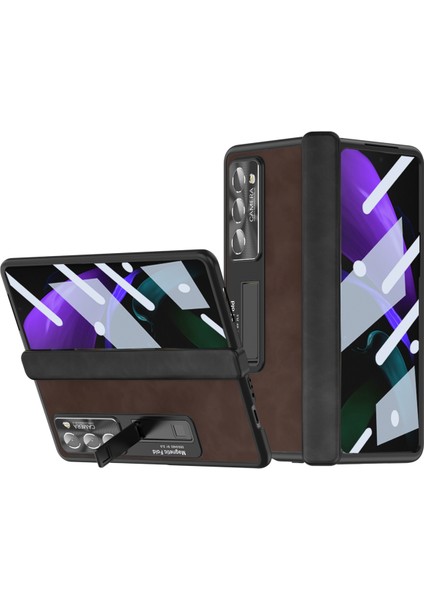 Samsung Galaxy Z Fold2 5g Menteşe Koruma Kickstand Case Nappa Doku Pu Deri + Pc Şok Geçirmez Telefon Kapağı Temperli Cam Film ile (Yurt Dışından)