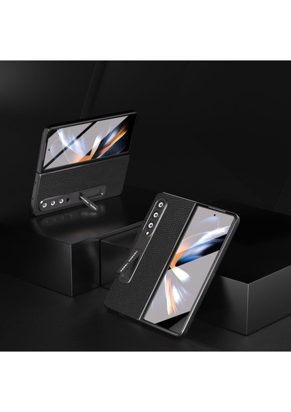 Samsung Galaxy Z Fold4 5g Cowhide Deri+Pc Kickstand Telefon Kılıfı Litchi Doku Temsilli Cam Film ile Çizgi Anti-Çizgi Kapağı (Yurt Dışından)