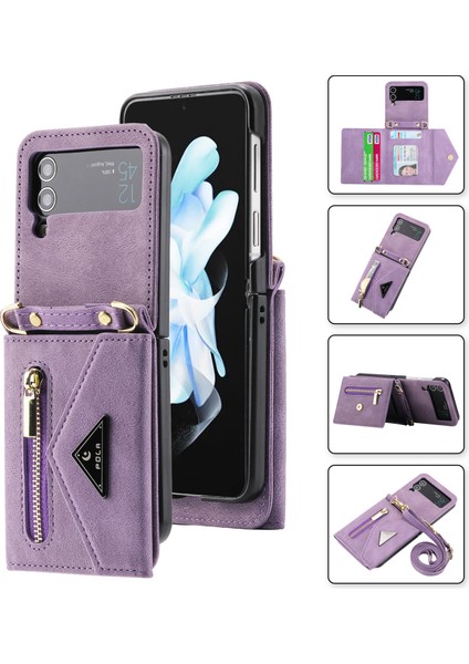 Samsung Galaxy Z Flip3 5g Fermuarı Cep Kickstand Çok Kart Yuvası Pu Deri Telefon Kapağı Omuz Kayışı (Yurt Dışından)
