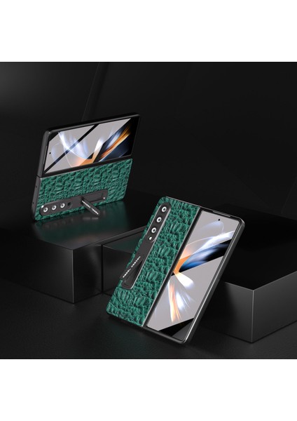 Samsung Galaxy Z Fold4 5g Kickstand Cover Geri Dönen Inek Deri+Pc Doku Telefon Kılıfı Temperli Cam Film (Yurt Dışından)