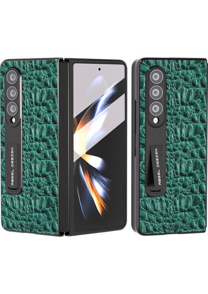 Samsung Galaxy Z Fold4 5g Kickstand Cover Geri Dönen Inek Deri+Pc Doku Telefon Kılıfı Temperli Cam Film (Yurt Dışından)