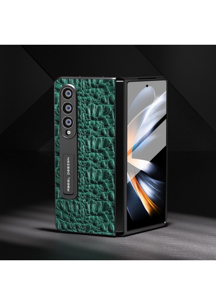 Samsung Galaxy Z Fold4 5g Kickstand Cover Geri Dönen Inek Deri+Pc Doku Telefon Kılıfı Temperli Cam Film (Yurt Dışından)
