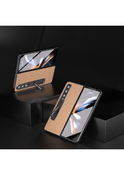 Samsung Galaxy Z Fold4 5g Karbon Fiber Doku Şok Geçirmez Kasa Pu Deri+Pc Kickstand Telefon Kapağı Temperli Cam Film (Yurt Dışından) fiyatları