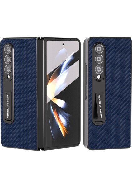 Samsung Galaxy Z Fold4 5g Karbon Fiber Doku Şok Geçirmez Kasa Pu Deri+Pc Kickstand Telefon Kapağı Temperli Cam Film (Yurt Dışından)