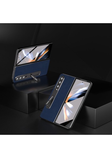 Samsung Galaxy Z Fold4 5g Karbon Fiber Doku Şok Geçirmez Kasa Pu Deri+Pc Kickstand Telefon Kapağı Temperli Cam Film (Yurt Dışından)